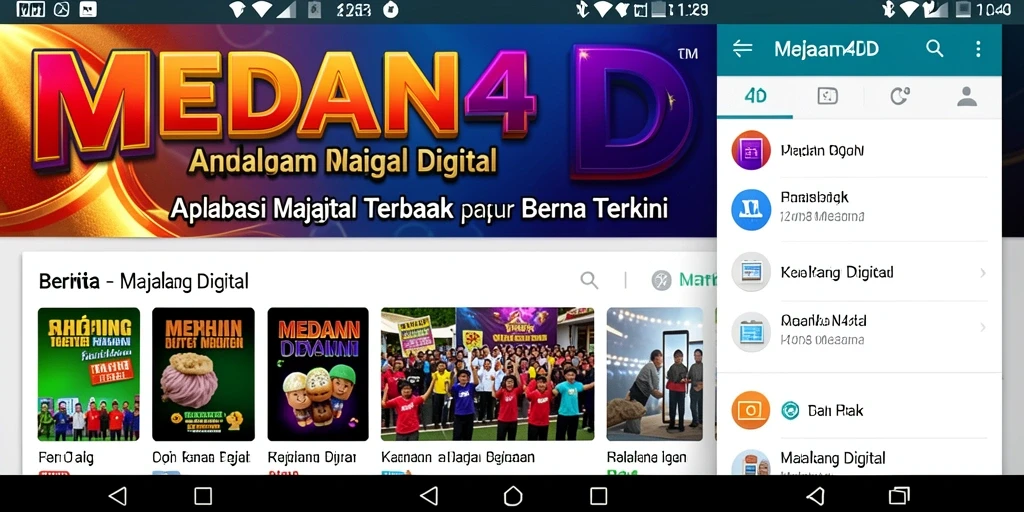 Antarmuka aplikasi MEDAN4D menampilkan berita dengan gaya majalah digital.